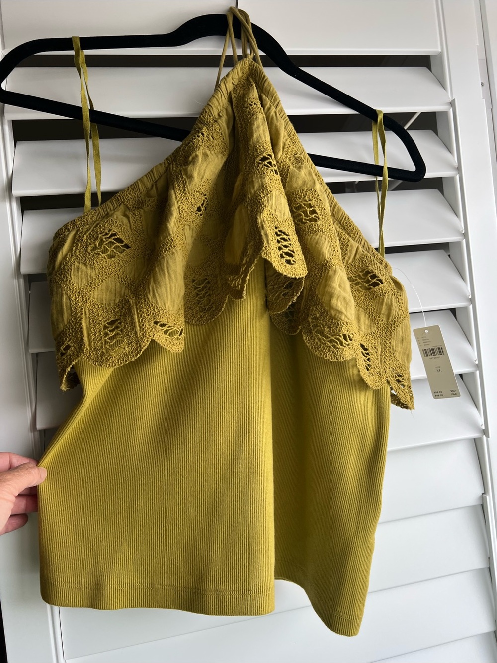 Anthropologie Crochet Cotton Lace-Trim halter top Olive Green XL
